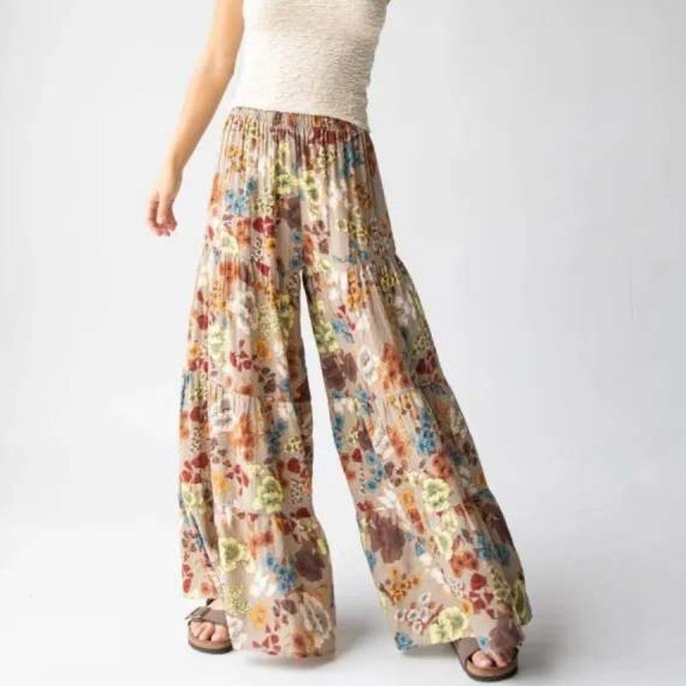 NEW Natural Life Patti Palazzo Pants Size M Tiered Wide Leg Boho Crunchy Granola